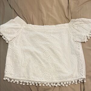 Willow & Clay White Eyelet Off-Shoulder Pom Pom Crop Top